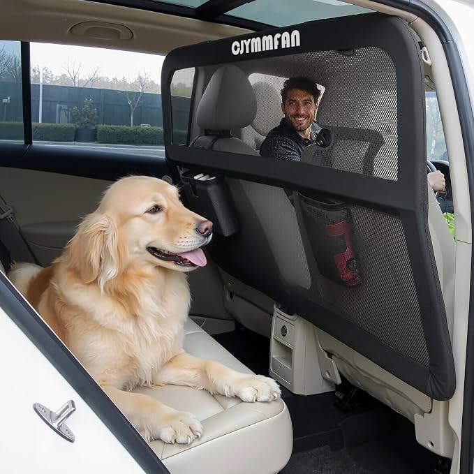 Dog Barrier for Car Back Seat & Cargo Area with Wider Coverage, Universal Fit for Car, SUV & Truck, Dog Car Divider with Chew-Proof Transparent Net and Sturdy Metal Frame for Backseat & Trunk by CJYMMFAN