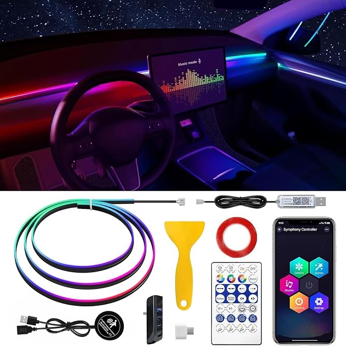 Acrylic Interior Car LED Strip Light with 30S Motion Sensor Switch&USB Hub, Dreamcolor 55.1 inches Ambient Lighting Kits, RGB Colors Neon LED Strip Light by MAODANER