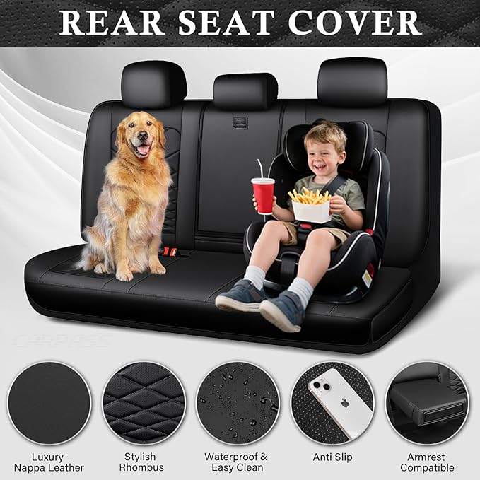 CAR PASS Luxury Nappa Leather Back Seat Covers, Piping Water Resistant Premium Perforated Leather Rear Bench Seat Covers, Breathable Backseat Cover Universal Fit for Most Sedan SUV Van Truck, Black - Image 3