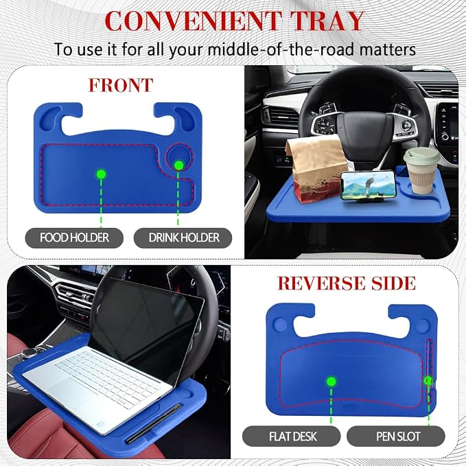2 in 1 Car Steering Wheel Desk, Car Tray, Car Steering Wheel Desk Tray & Auto Seat Gap Filler Organizer, Multipurpose Travel Auto Steering Wheel Under Table Console for Most Vehicles (Blue) - Image 4