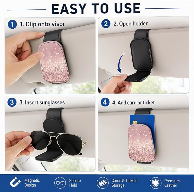 Leather Magnetic Sunglass Holder for Car Sun Visor, Cute Eyeglass Ticket Card Hanger Clip, Universal Auto Interior Accessories for SUV Pickup Truck, Rose Gold Glitter - Image 5