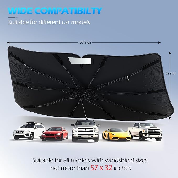 [2026 Upgrade] FLORICH Windshield Sunshade Umbrella Foldable Car Windshield Sun Shade Cover, [Nano-Ice-Crystal Coatings] Protect Interior from from UV Keep Car Cooler Medium(57" L x 32" W) - Image 6
