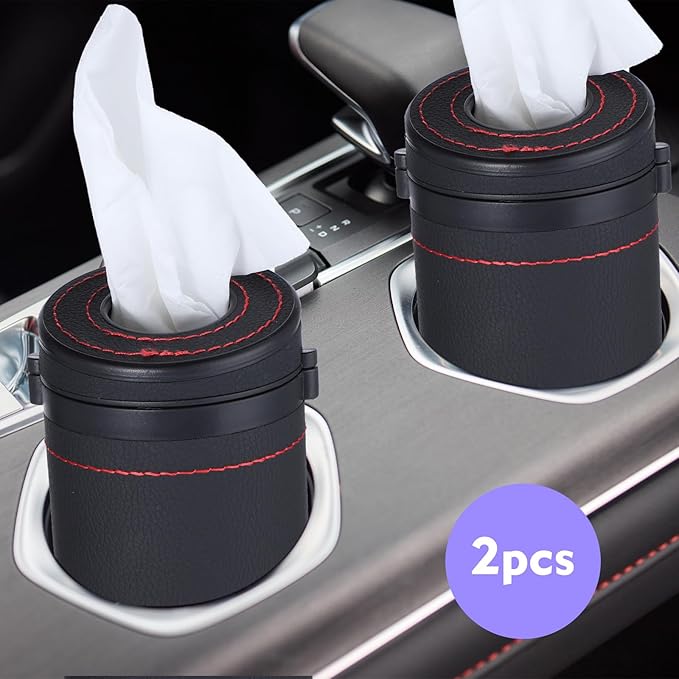 2 Pcs Leather Round Tissues Container with Tissues Cylinder Tissue Box with Window Breaker for Vehicle Bathroom Office (Black) - Image 2