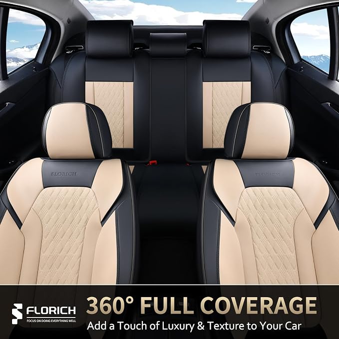 Seat Covers, Car Seat Covers Full Set, Luxury Nappa Leather Seat Covers, Breathable and Waterproof Car Seat Protector 5 Seat, Automotive Seat Covers Universal Fit for Most Cars-Black&Beige - Image 4