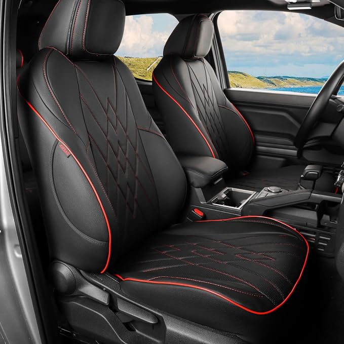 EKR Tacoma Car Seat Covers Custom for Toyota Tacoma (Only for Hybrid) 2024 2025 2026 Double cab TRD Sport,TRD Off-Road,Limited,Trailhunter - Full Set,Leather(Black with Red Trim) by EKR