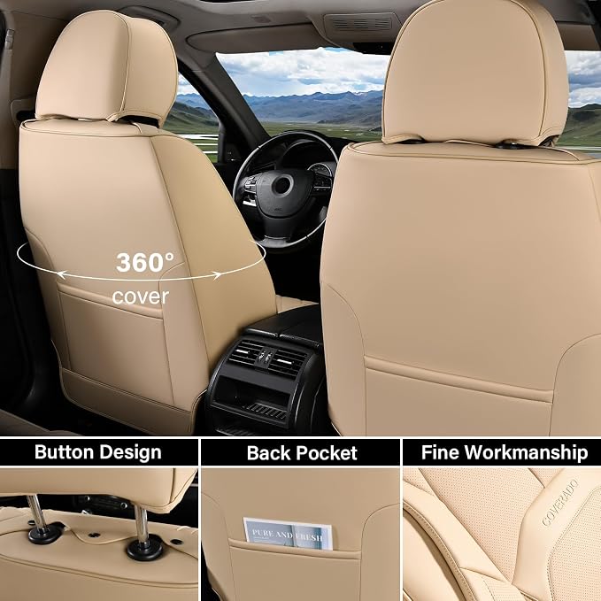 Coverado Seat Covers, Leather Seat Covers Front Seat, Luxury Car Seat Covers with Lumbar Support, Front Driver Seat Covers, Car Seat Protector Waterproof Universal Fit Most Cars(Beige) - Image 3