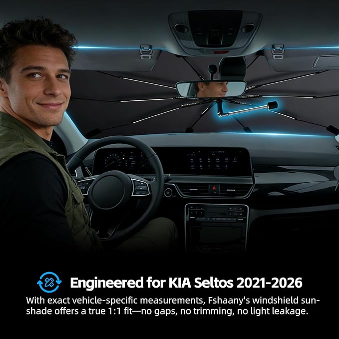 Windshield Sun Shade Umbrella for KIA Seltos 2021-2026 Front Window Shield | Heat-Reflective Window Shade, Umbrella Sunshade Cover Blocks Heat, Protects Interior, Vehicle-Specific Precision Fit - Image 2