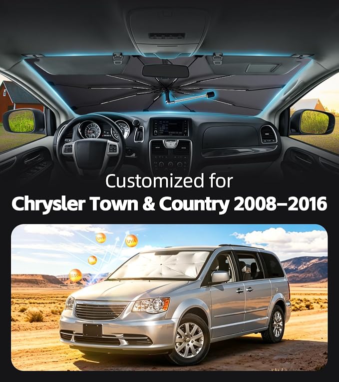 Windshield Sun Shade for Chrysler Town & Country 2008-2016,UPF50+ Keep Cool | 360°Rotating Shaft, Custom Fit Umbrella Sunshade for UV Blocking, Interior Heat Protection, Easy Storage for Naps - Image 2