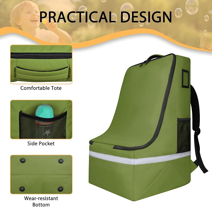 LARIPOP Car Seat Travel Bag for Airplane, Universal Gate Check Car Seat Bag, Padded Backpack with Waist Belt, Reflective Strips & Protective Feet, Fits Infant Convertible Booster Seats, Green - Image 5