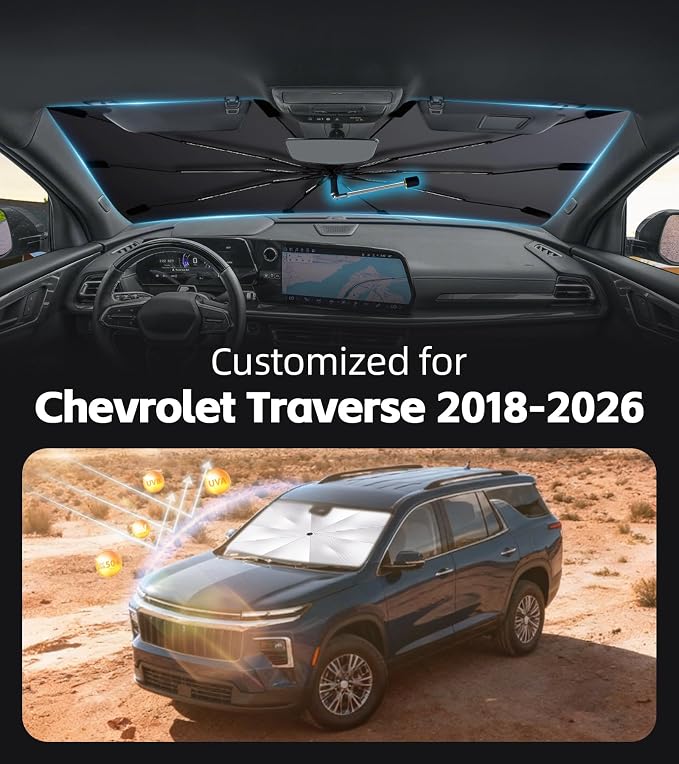 Windshield Sun Shade for Chevy Traverse 2018-2026 with 360° Rotating Shaft | Custom Fit Umbrella Sunshade for UV Blocking, Interior Heat Protection, Easy Storage, UPF 50+ Cool Windshield Cover - Image 2
