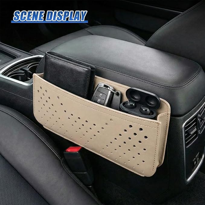 Car Seat Side Pocket Organizer, PU Leather Water-Resistant Car Console Storage Bag, Multifunctional Auto Interior Door Tray Pouch Organizer Accessories for Phone Keys Sunglasses (Beige) - Image 5