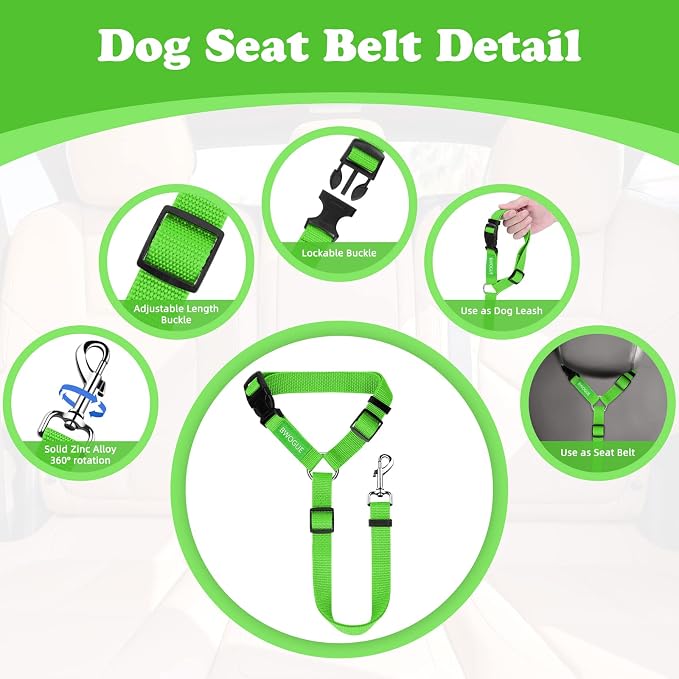 BWOGUE 2 Pack Dog Seat Belt for Car, Green Headrest Restraint Safety Strap | 18-30 in Adjustable, Headrest Loop, 2 Pack for Dogs and Cats, Nylon Safety Strap, Use with Dog Harness, Zinc Alloy Snap - Image 3