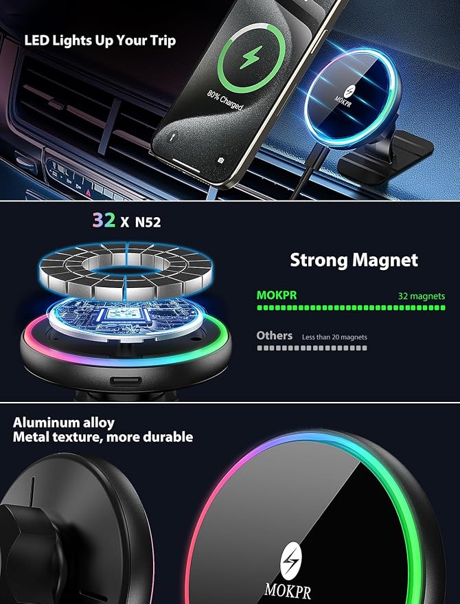 for Magsafe Car Mount Charger 15W LED RGB Car Phone Holder for Dash Vent | HandsFree Magnetic Wireless Car Charger Car Mount Fast Car Charger for iPhone 17 16 15/14/13/12 Series - Image 7