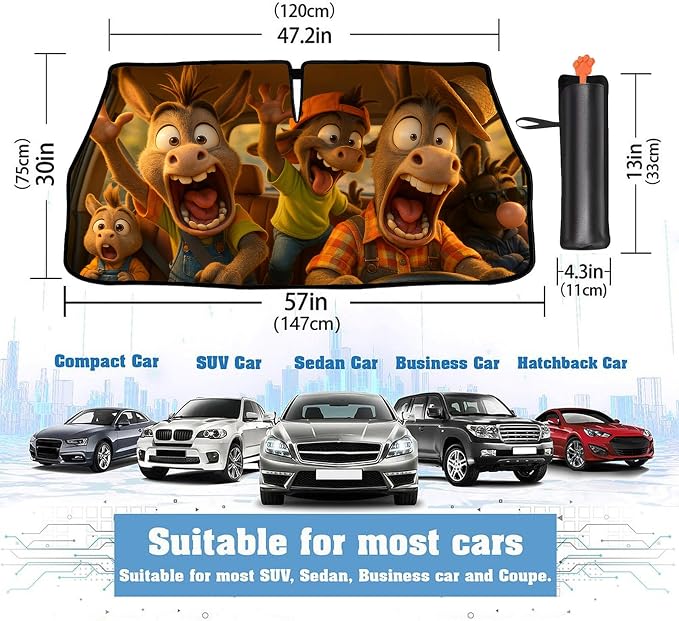 2025 Upgrade Funny Animals Car Windshield Sun Shade Umbrella 5 Layers Nano Coatings Donkey Driving Car Front Window UV Block Sunshade Cover for Most Cars SUV Universal Size 57"x30" - Image 2