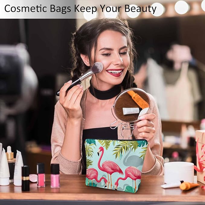 Women Makeup Organizer Bag Flamingo Exotic Flamingo Tropical Palms Flax Cosmetic Bag Makeup Bags Toiletry Bag Accessories Organizer Travel Bags For Home Bathroom Office Hotel Gym Pink Green - Image 2