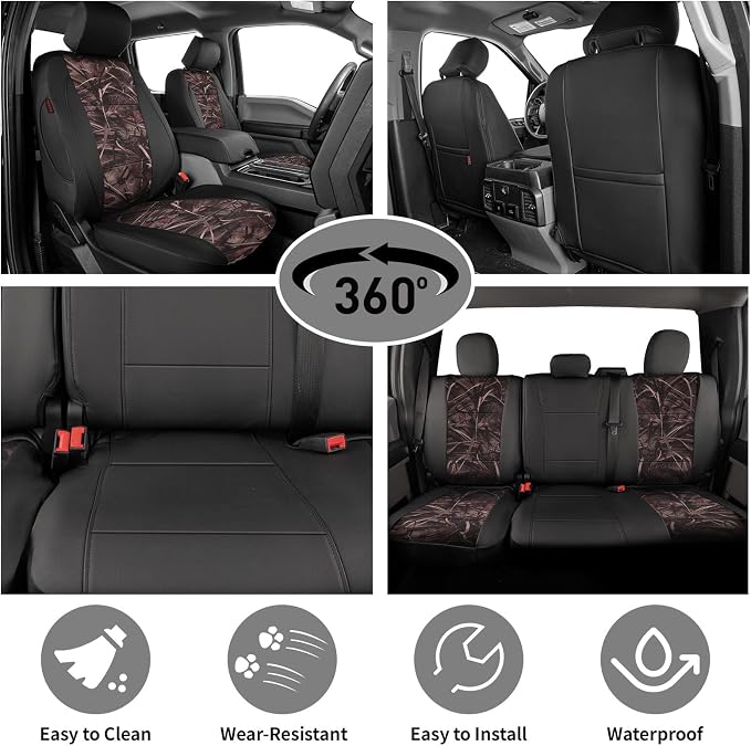 EKR F150 Seat Covers for (4 Door,SuperCrew) 2015-2020 Ford F150 & (CrewCab) 2017-2022 F250/F350/F450 SuperDuty Limited/King Ranch/Lariat/Platinum Full Set,Faux Leather(Black/Reed Camo) - Image 2