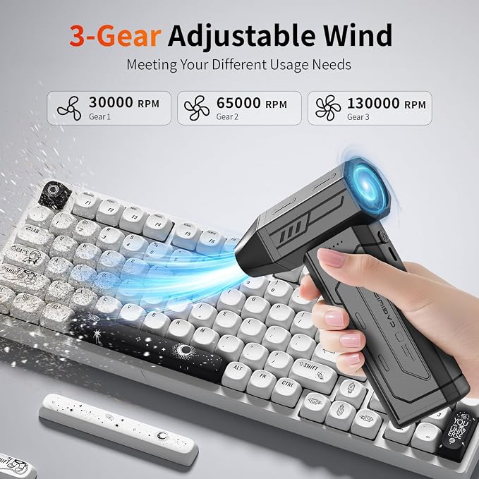 Compressed Air Duster,130000RPM Super Power Cordless Air Duster,Rechargeable Brushless Blower,3 Gear Adjustable Blower with LED Light,Dust Remover for Computer/House/Outdoor/Car - Image 4