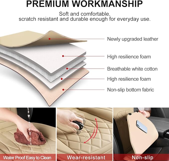 BEITK 1 Pack Waterproof Front Car Seat Cover for Car Truck SUV Beige | PU Leather, Scratch-resistant, Sideless Design, Universal Fit, with Storage Pocket and Seat Belt Pad, Easy to Install - Image 3