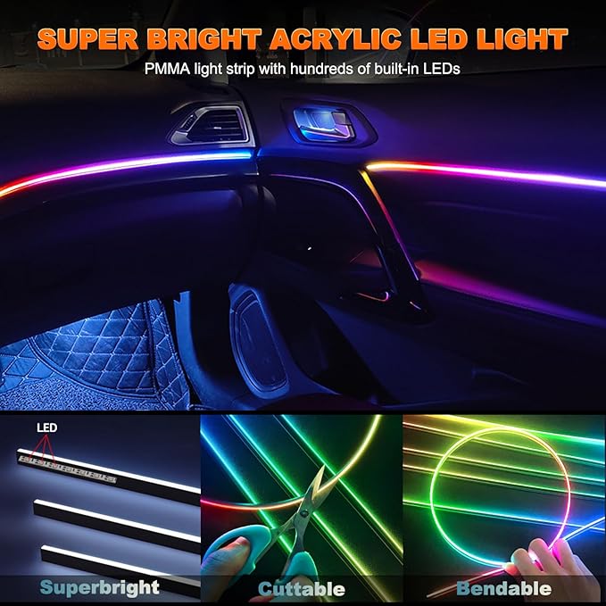 Jushope Interior Car LED Strip Lights with Dream Color, Ambient Lighting | Wireless APP and RF Remote Control Dynamic Chasing Music Sync LED Lights for Car Decoration, Car Charger or Hardwire DC 12V - Image 3