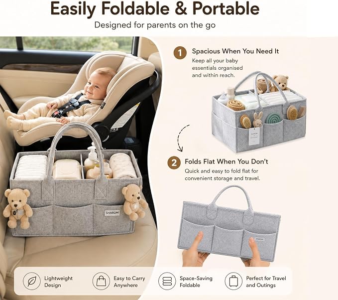 SHAROM Diaper Caddy Organizer for Baby, Portable Diaper Caddy Basket, Felt Baby Diaper Caddy & Baby Caddy Organizer, Caddy for Baby Stuff, Diaper Organizer for Changing Table, Car & Nursery, Gray - Image 5