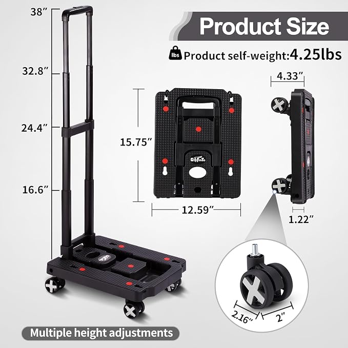 GtIiFmTe Foldable Hand Truck, Lightweight Luggage Cart for Airport Car Seat | Compact Folding dolly with Rotating swivel wheel,storage size12×15.7×4.1",300lbs Load,Upright Lock Handle with 3bungee cords - Image 8