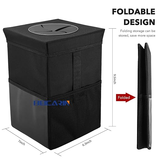 Beicarin Car Trash Can with Lid - Car Trash Bag Hanging with Storage Pockets Collapsible and Portable Car Garbage Bin, Leak-Proof Car Organizer, 1.82 Gallons Multipurpose Trash Bin for Car - Image 4