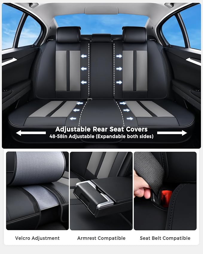 Huidasource Universal Car Seat Cover Luxury Nappa Leather, Car Seat Cover Set with Velcro Adjustable, Airbag, Lumbar Support, Cooling＆Heating, Seat Covers Fit for Most Cars SUV Trucks, Black＆Gray - Image 3