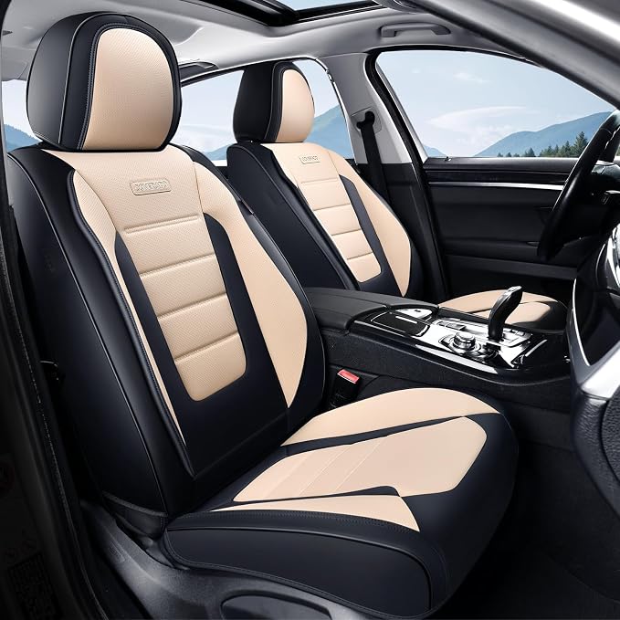 Coverado Car Seat Covers Front, Seat Covers for Cars, Waterproof 2-Pack Car Seat Cushions, Leather Carseat Seat Protectors, Universal Seat Covers Fit for Most Sedans SUV Pick-up Trucks(Black&Beige) by COVERADOAUTO
