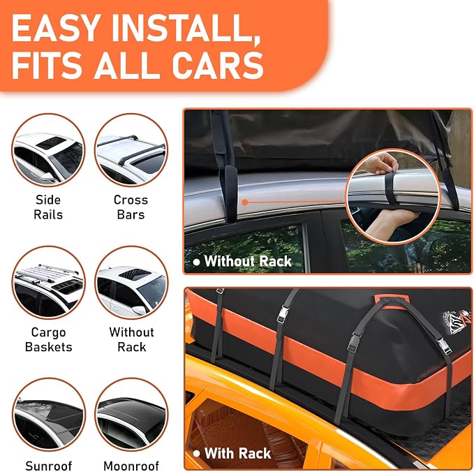 Car Roof Bag Rooftop top Cargo Carrier Bag 15 Cubic feet Waterproof for All Cars with/Without Rack, Includes Anti-Slip Mat, 10 Reinforced Straps, 6 Door Hooks, Luggage Lock - Image 3