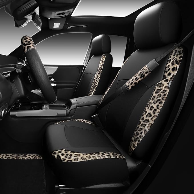 CAR PASS Leopard Print Faux Leather Car Seat Covers & Leopard Car Mats&Leopard Steering Wheel Cover Seat Belt Universal Car Accessories for SUV,Van,Saden,Truck Automobile Interior Sets(Gold Black) - Image 7