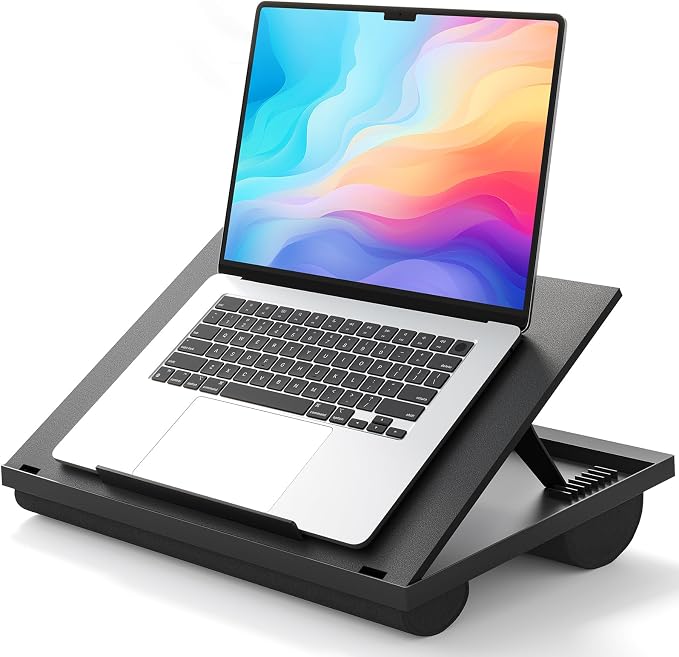 HUANUO Lap Desk with 8 Adjustable Angles – Up to 15.6" Laptop, Black | Dual-cushion base, carry handle, 30% thicker for durability, wider anti-slip ledge, for home office, sofa, bed, car by HUANUO