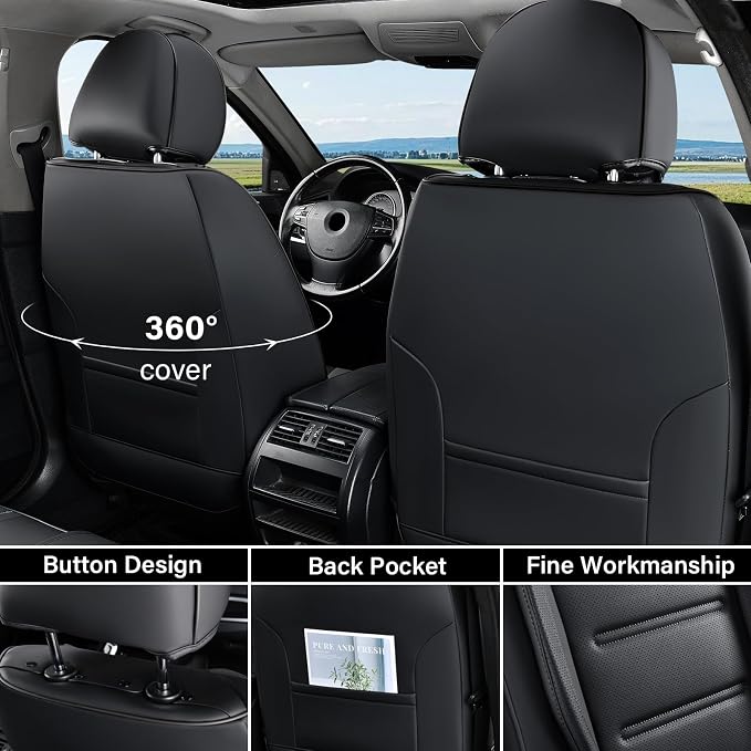 Coverado Car Seat Covers Full Set, Seat Covers for Cars, Car Seat Protector Waterproof, Leather Car Seat Cushion, Universal Interior Covers Seat Protectors for Most Cars Black - Image 4