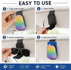 Leather Magnetic Sunglass Holder for Car Sun Visor, Cute Eyeglass Ticket Card Hanger Clip, Universal Auto Interior Accessories for SUV Pickup Truck, Rainbow Glitter - Image 5