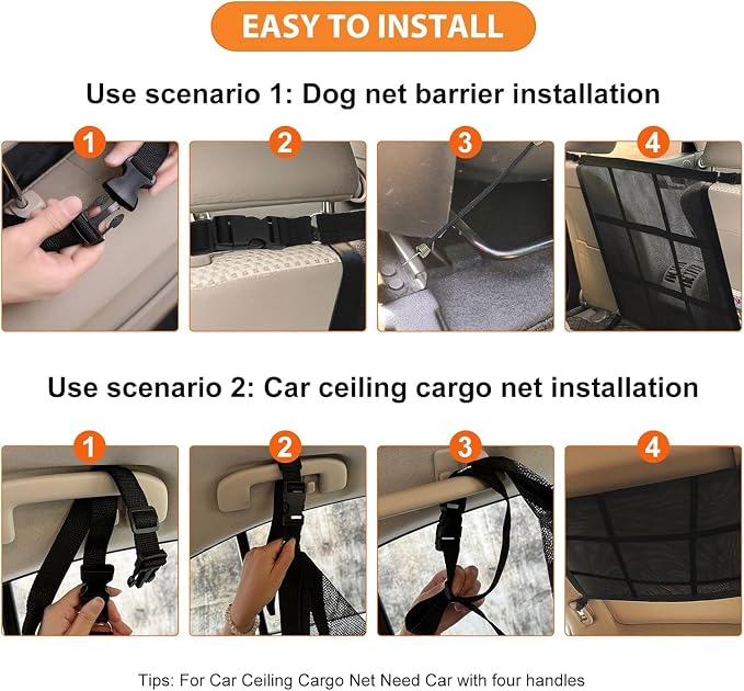 Dog Car Net Barrier,Universal Fit Sturdy Double-Layer Mesh 31.5"x23.6" Car Ceiling Cargo Net Pocket with Flexible Bungee Cords for Seat Movement Easy to Install - Image 4