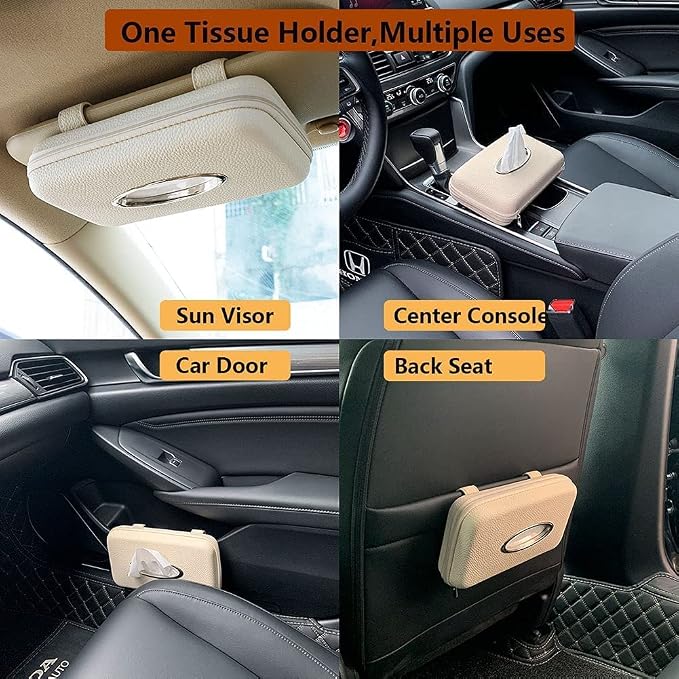 Car Tissue Holder, Sun Visor Tissue Holder, Zipper Car Visor Napkin Holder, PU Leather Backseat Tissue Case for Car,Vehicle (Beige) - Image 6