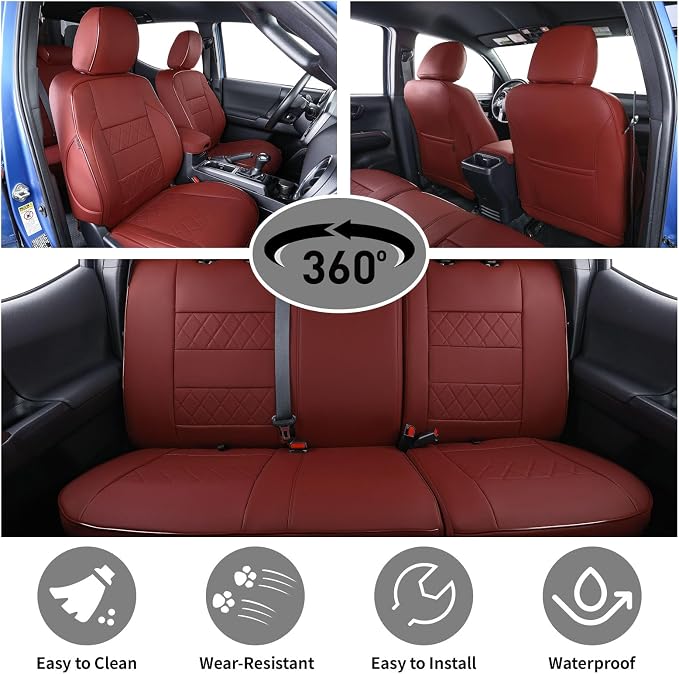 EKR Custom Fit Tacoma Leather Car Seat Covers for Toyota Tacoma 2012 2013 2014 2015 (TRD Sport Seats)- Full Set,Faux Leather(Burgundy) - Image 3