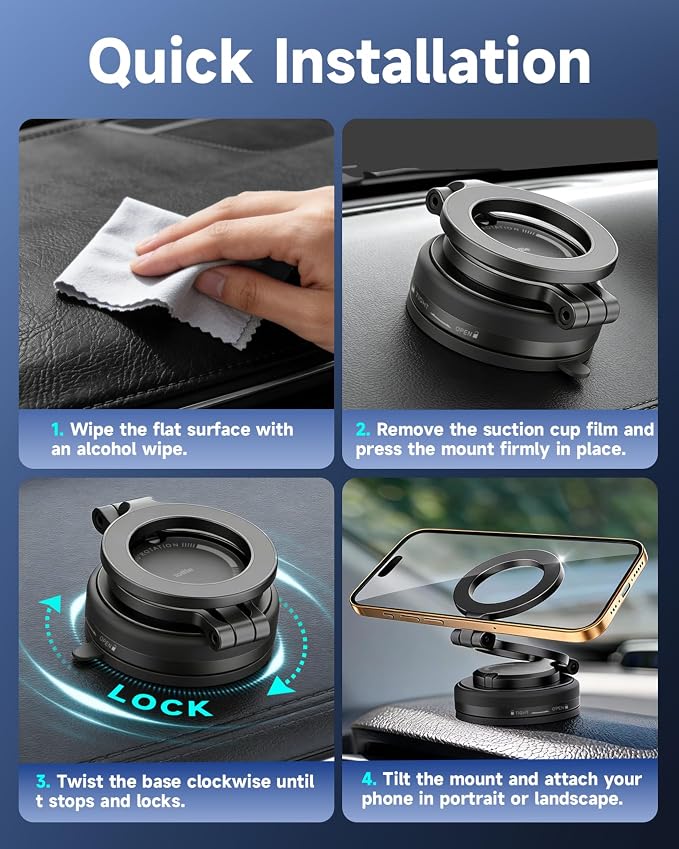 iOttie iTap 3 Magnetic Vacuum Suction Phone Mount, MagSafe Foldable Car Mount with 4-Axis Adjustment, Strong Dashboard & Windshield Hold, Metal Ring for Universal Compatibility, for iPhone 12-17 - Image 7