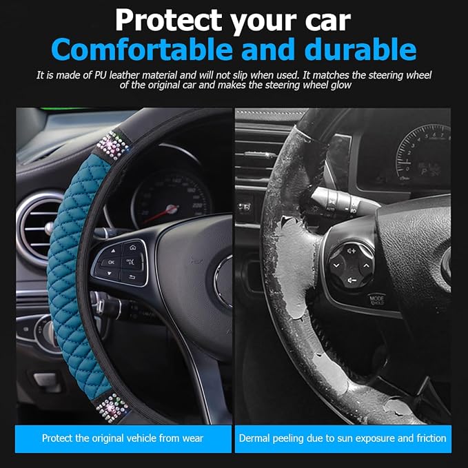 Osilly 15 Inch Rhinestone Leather Steering Wheel Cover, Black/Green | breathable non-slip surface, flexible ringless design, hand-stretch setup, fits matching rim sizes, automotive accessories - Image 3