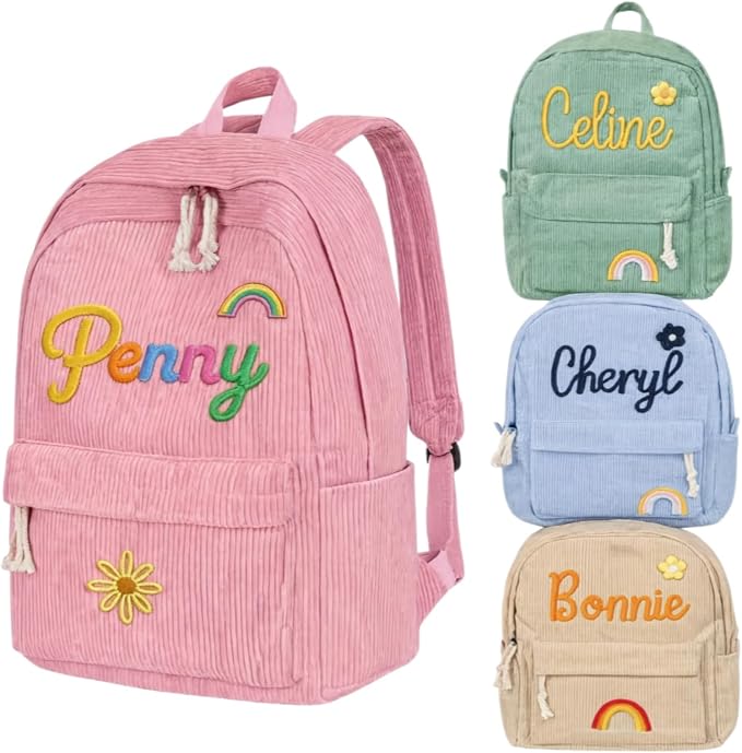 Custom Corduroy Backpack with Personalized Woven Name, Vintage Casual Daypack, Adjustable Strap Backpack for Commute Travel & Campus by CRAFFBASE