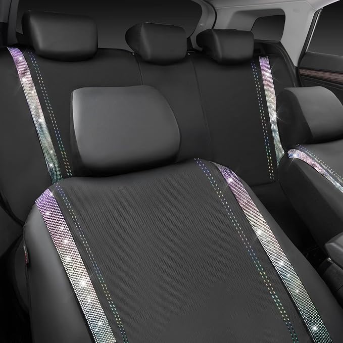 CAR PASS Bling Diamond Car Seat Covers Full Set, Shining Rhinestone Waterproof Faux Leather, Rear with Zipper, Universal Fit Automotive Glitter Crystal Sparkle Strips for Cute Women Girl,Muticolor - Image 9