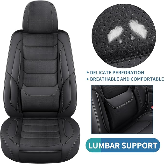 Leather Car Seat Covers Full Set Automotive Seat Protectors | Breathable Waterproof Durable Full Surround & Lumbar Support Design Non-Slip Universal Fit for Most Cars SUV Trucks Van Black - Image 3