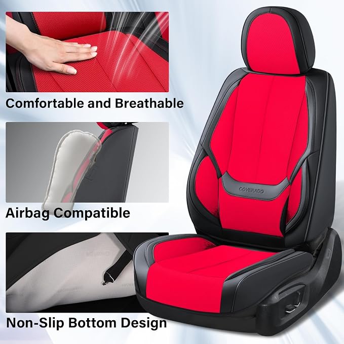 Coverado Front Seat Covers, Universal Seat Covers for Cars, Breathable Leather Car Seat Protector, Front Car Seat Covers, Seat Covers Waterproof, Driver Seat Cover Fit for Most Cars, BlackRed - Image 3