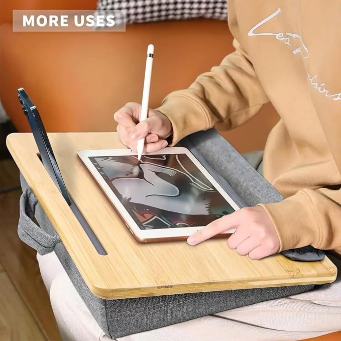 Bamboo Lap Desk for Laptop with Cushion Tablet Phone Holder Handle | Laptop Stand with Anti-Slip Strip Fits up to 15.6 inch Portable Computer Lap Desk for Couch, Bed & Car - Image 5