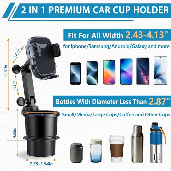 SAMPUSS 2-in-1 Phone Holders for Your Car Car Cup Holder Car Phone Holder | 360° rotation 2-in-1 function car phone mount with long arm universal smartphone phone holder car cup holder expander - Image 3
