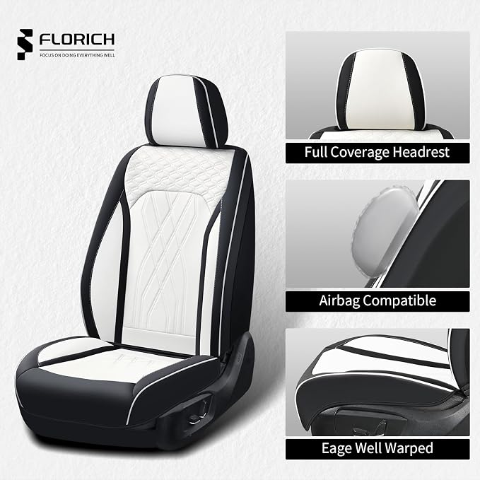 FLORICH Leather Car Seat Cover Full Set Automotive Seat Covers 5 Seats Front and Back Seat Cover Full Coverage Car Seat Cushion Universal Fit for Most Car Truck SUV Seat Protection, Black&White - Image 5