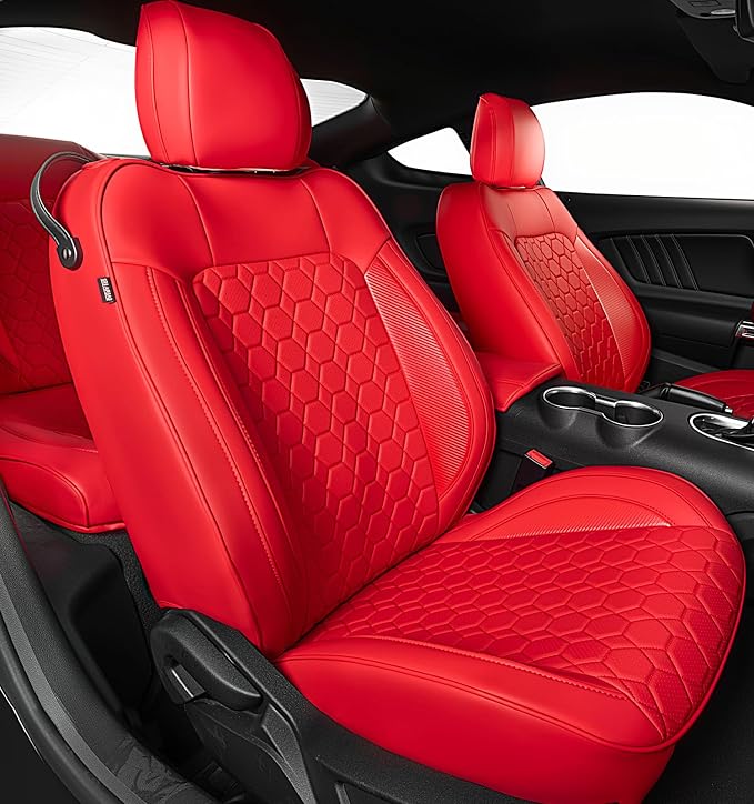 Custom Leather Car Seat Covers for Ford Mustang 2015-2023 Coupe, Red | Full Coverage Waterproof Car Seat Protector,Front & Rear Full Set,Split Backrest Compatible,Wear-Resistant,Airbag Compatible by Vidokena