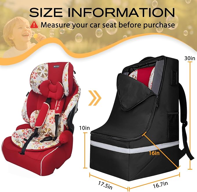 LARIPOP Car Seat Travel Bag for Airplane, Universal Gate Check Car Seat Bag, Padded Backpack with Waist Belt, Reflective Strips & Protective Feet, Fits Infant Convertible Booster Seats, Black - Image 2