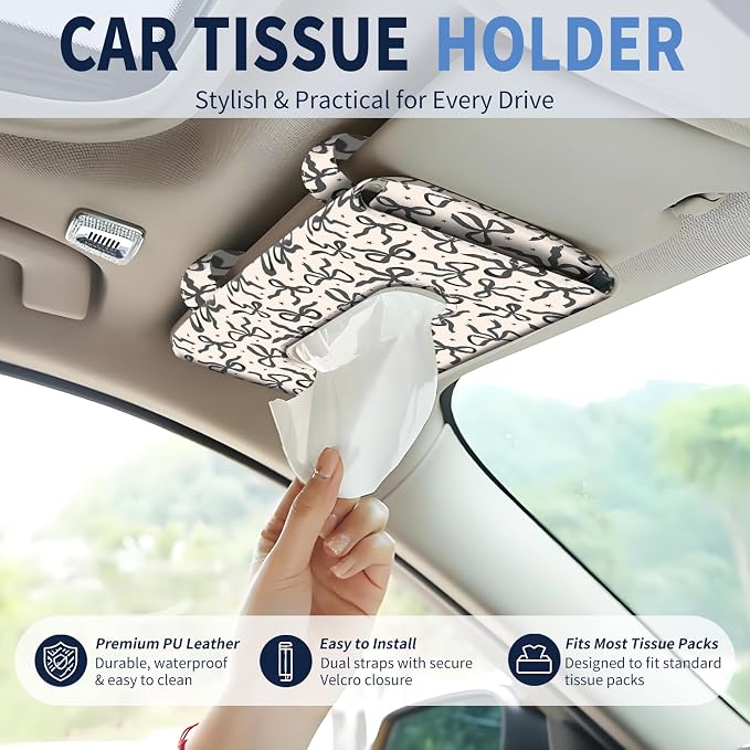 Car Tissue Holder, Cute Sun Visor Napkin Holder Backseat Tissue Case, PU Leather Tissue Box, Funny Car Accessories for Women Men Black White Bowties - Image 2
