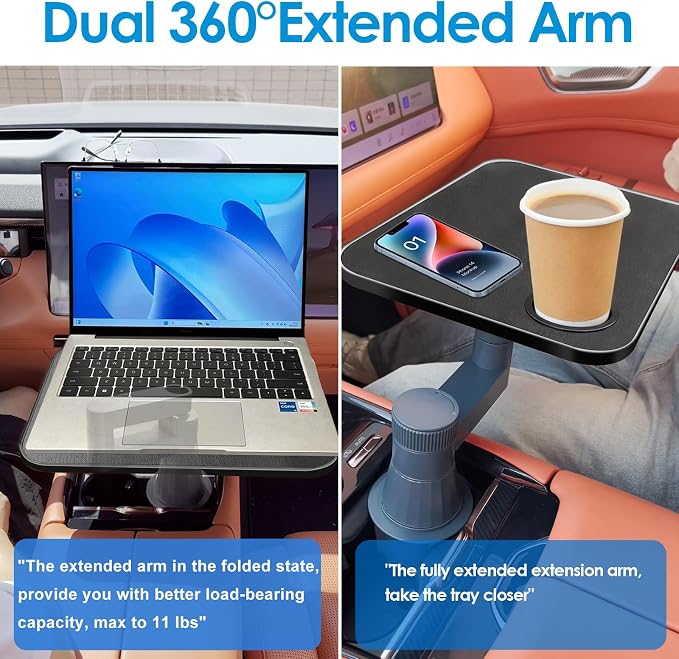Car Tray& Car Desk for Laptop,Dual 360° Rotating,Anti Slip Leather Surface, Food Tray, Cup Holder Table Compatible with Tesla Model Y/3/S, Ford F150/Explorer/Maverick/Home Theater Seating (Black) - Image 3