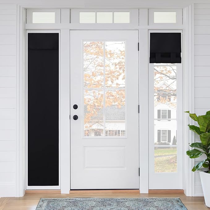 RYB HOME Sidelight Curtains for Front Door, Skinny Narrow Window Curtains | Entry Glass Door Cover, Renter Friendly Blackout Curtains, Adhesive No Drill, Wide 12 inch x Long 69 inch, Black, 1 Panel by RYBHOME